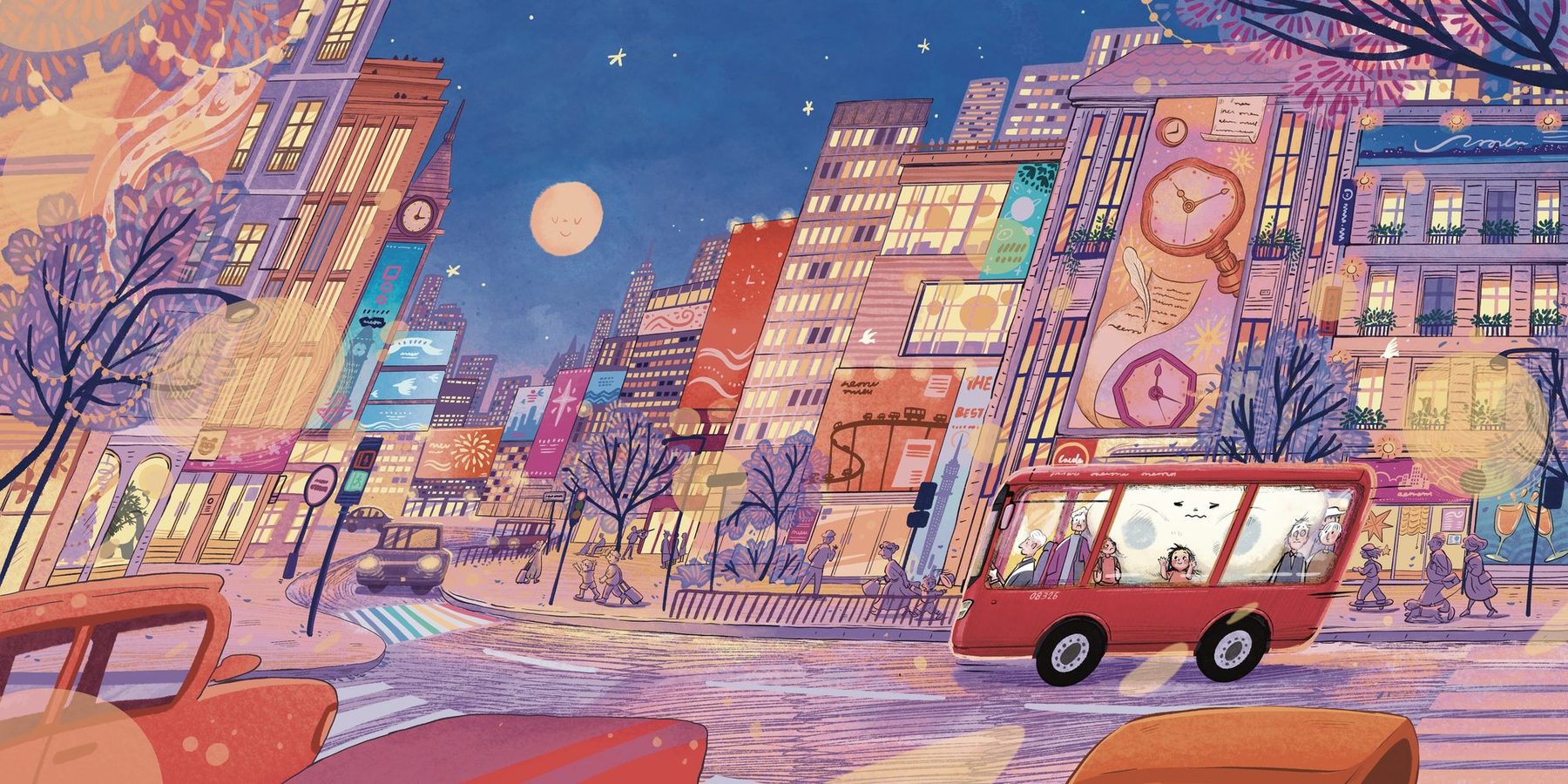 A red bus travels through a bright night-time city street — from Joy’s Pillow